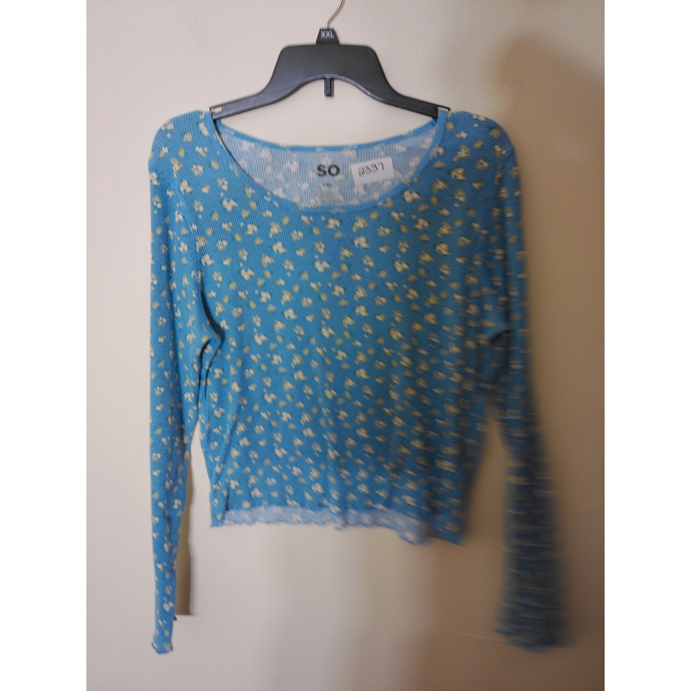 SO Thermal Top Womens XXL Blue Floral Waffle Knit Lettuce Hem Cottagecore